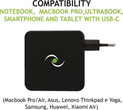 Tecnoware 65W USB Type-C Universal Power Supply - Charger Compatible with any Notebook Equipped with USB C Port (Macbook Pro/Air, Asus, Lenovo Thinkpad and Yoga, Samsung, Huawei, Xiaomi Air) - Cable 6