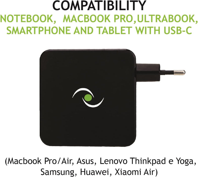 Tecnoware 65W USB Type-C Universal Power Supply - Charger Compatible with any Notebook Equipped with USB C Port (Macbook Pro/Air, Asus, Lenovo Thinkpad and Yoga, Samsung, Huawei, Xiaomi Air) - Cable