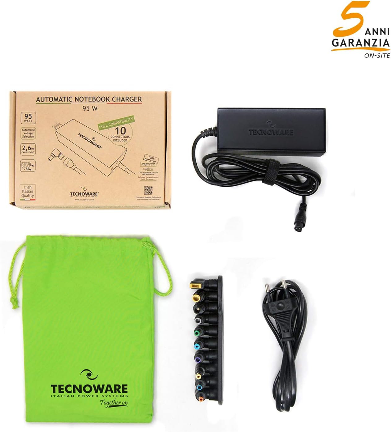 Tecnoware Power Systems - Caricatore Universale 95W per Notebook | 10 Connettori per Acer, ASUS, Sony, Toshiba, HP, Dell, Lenovo, LG, IBM, Fujitsu, Samsung | Protezione sbalzi corrente, Nero