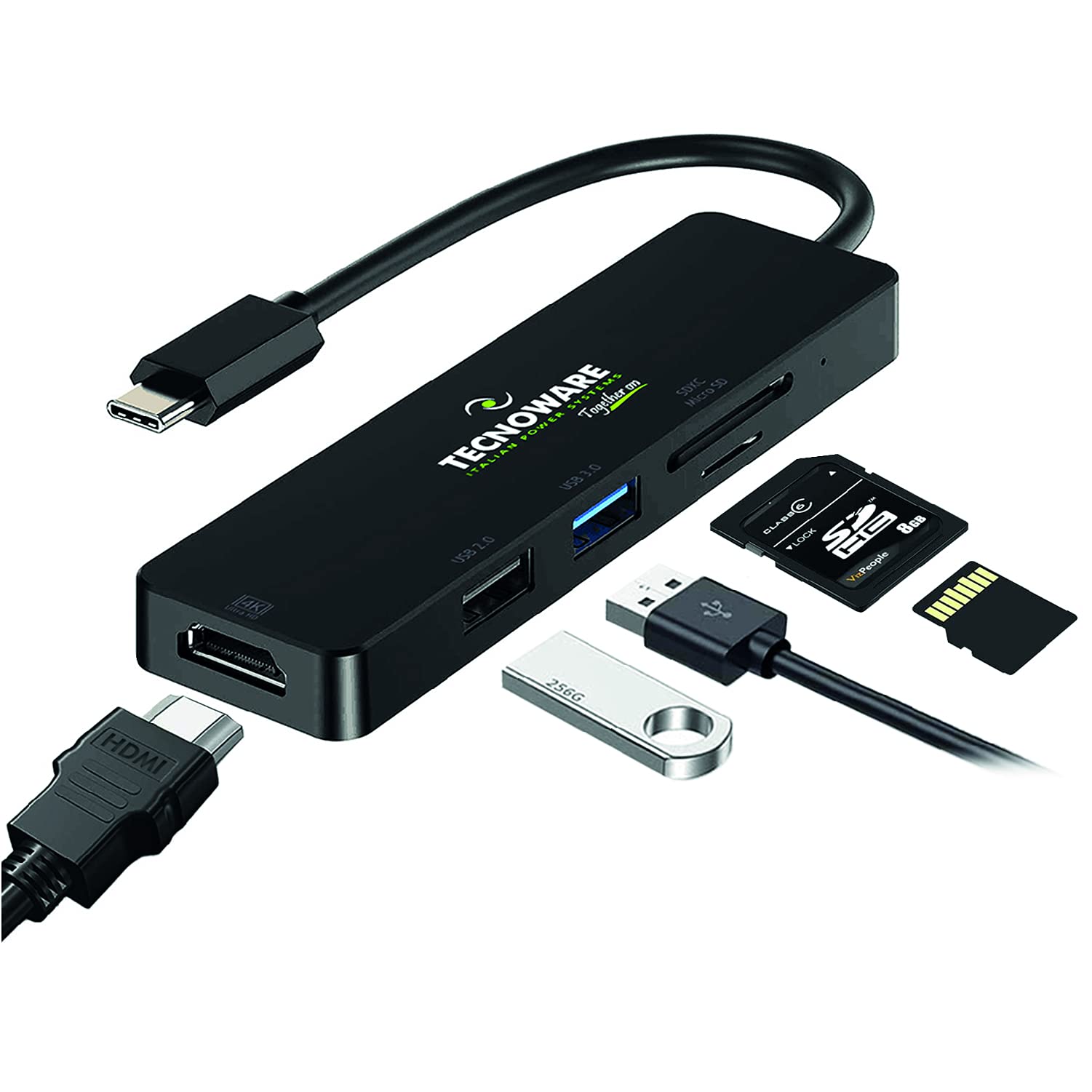 Tecnoware Power Systems - Hub USB Type-C 5 in 1, Porta HDMI 4K, USB 3.0 e 2.0, Slot SDXC e Micro SD, Compatibile con Notebook, Tablet e Smartphone, Nero, Adattatore