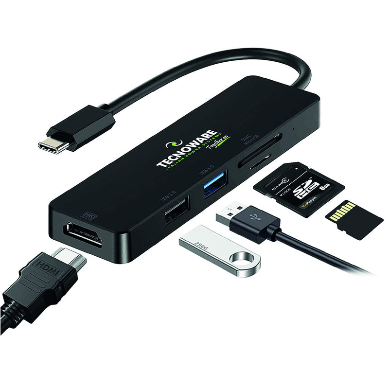 Tecnoware Power Systems - Hub USB Type-C 5 in 1, Porta HDMI 4K, USB 3.0 e 2.0, Slot SDXC e Micro SD, Compatibile con Notebook, Tablet e Smartphone, Nero, Adattatore