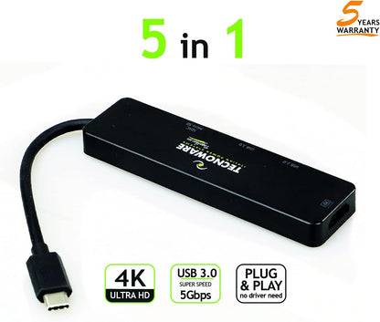 Tecnoware Power Systems - Hub USB Type-C 5 in 1, Porta HDMI 4K, USB 3.0 e 2.0, Slot SDXC e Micro SD, Compatibile con Notebook, Tablet e Smartphone, Nero, Adattatore