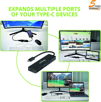 Tecnoware Power Systems - Hub USB Type-C 5 in 1, Porta HDMI 4K, USB 3.0 e 2.0, Slot SDXC e Micro SD, Compatibile con Notebook, Tablet e Smartphone, Nero, Adattatore