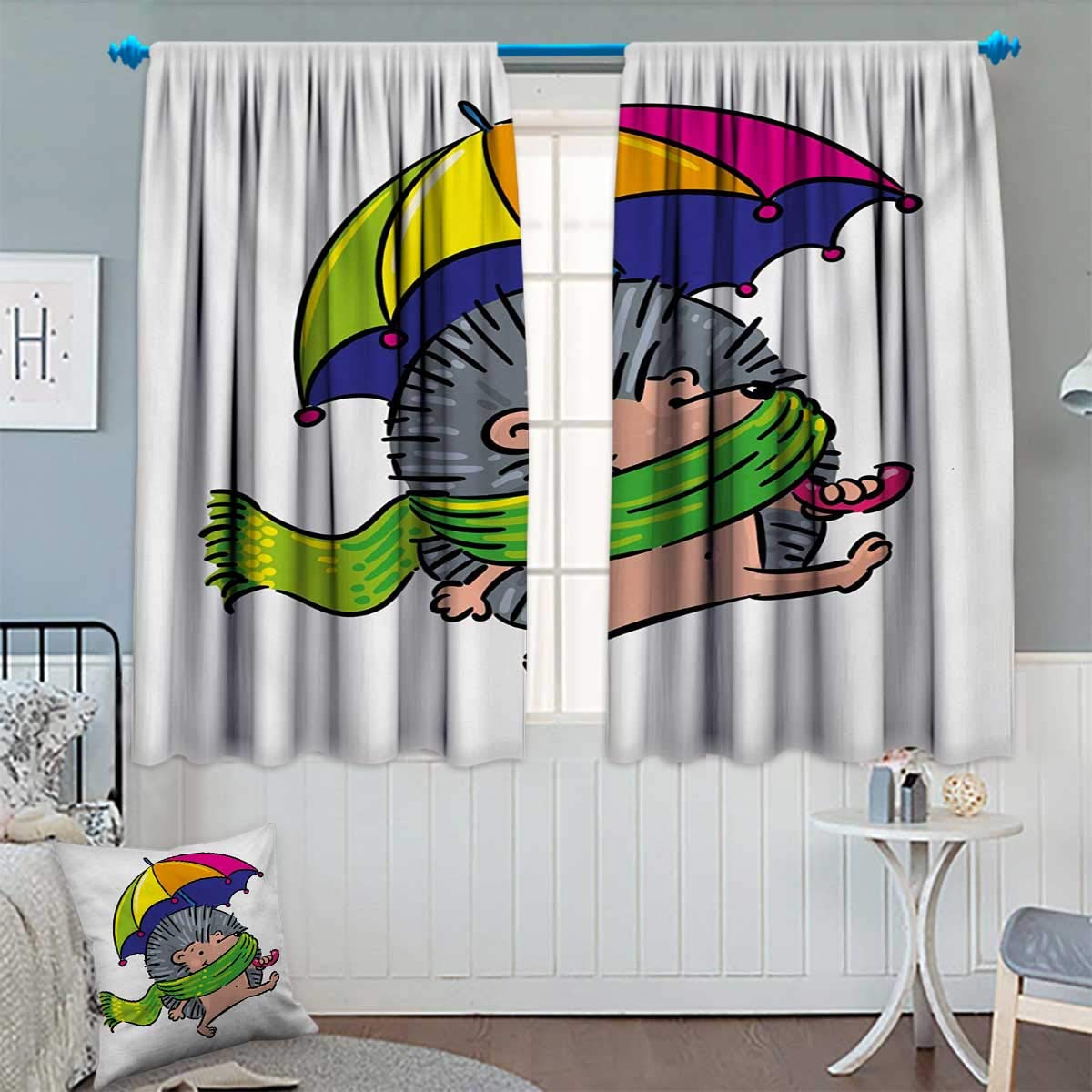 Hedgehog Room Darkening Curtains Smiling Animal with Spikes and Scarf Rainbow Colored Umbrella Walking Winter Theme Customized Curtains 72" W x 45" L Multicolor