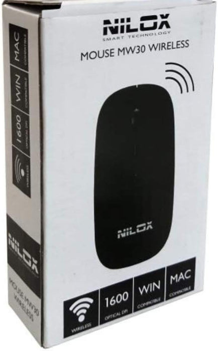 Nilox, Mouse MW30 Wireless, Mouse Wireless con Tracking Ottico 1600 Dpi, 4 Tasti e Design Innovativo ed Elegante, Compatibile con Windows, Mac e Linux, Nero