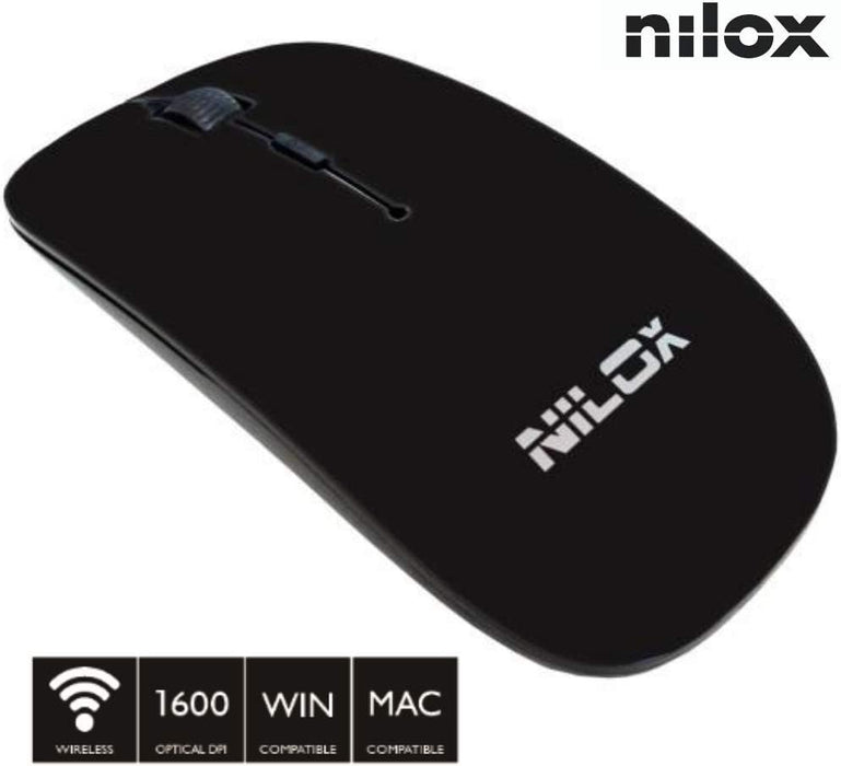 Nilox, Mouse MW30 Wireless, Mouse Wireless con Tracking Ottico 1600 Dpi, 4 Tasti e Design Innovativo ed Elegante, Compatibile con Windows, Mac e Linux, Nero