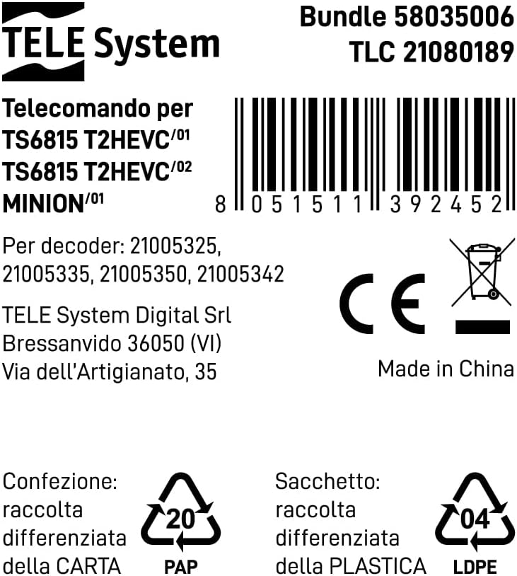 TELE System Telecomando Originale per Decoder Digitale Terrestre MINION e TS6815 T2HEVC: controllo affidabile e intuitivo, compatibilità totale, facile da usare e installare