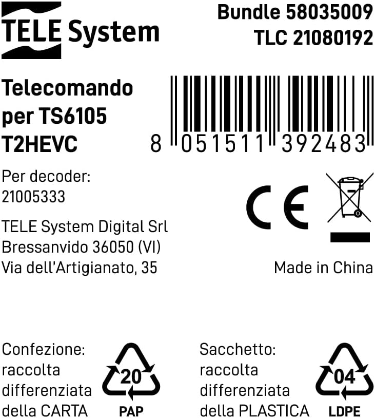 TELE System Telecomando Originale per Decoder Digitale Terrestre TS6105 T2HEVC: con controllo affidabile e intuitivo, compatibile al 100%, facile da usare e configurare