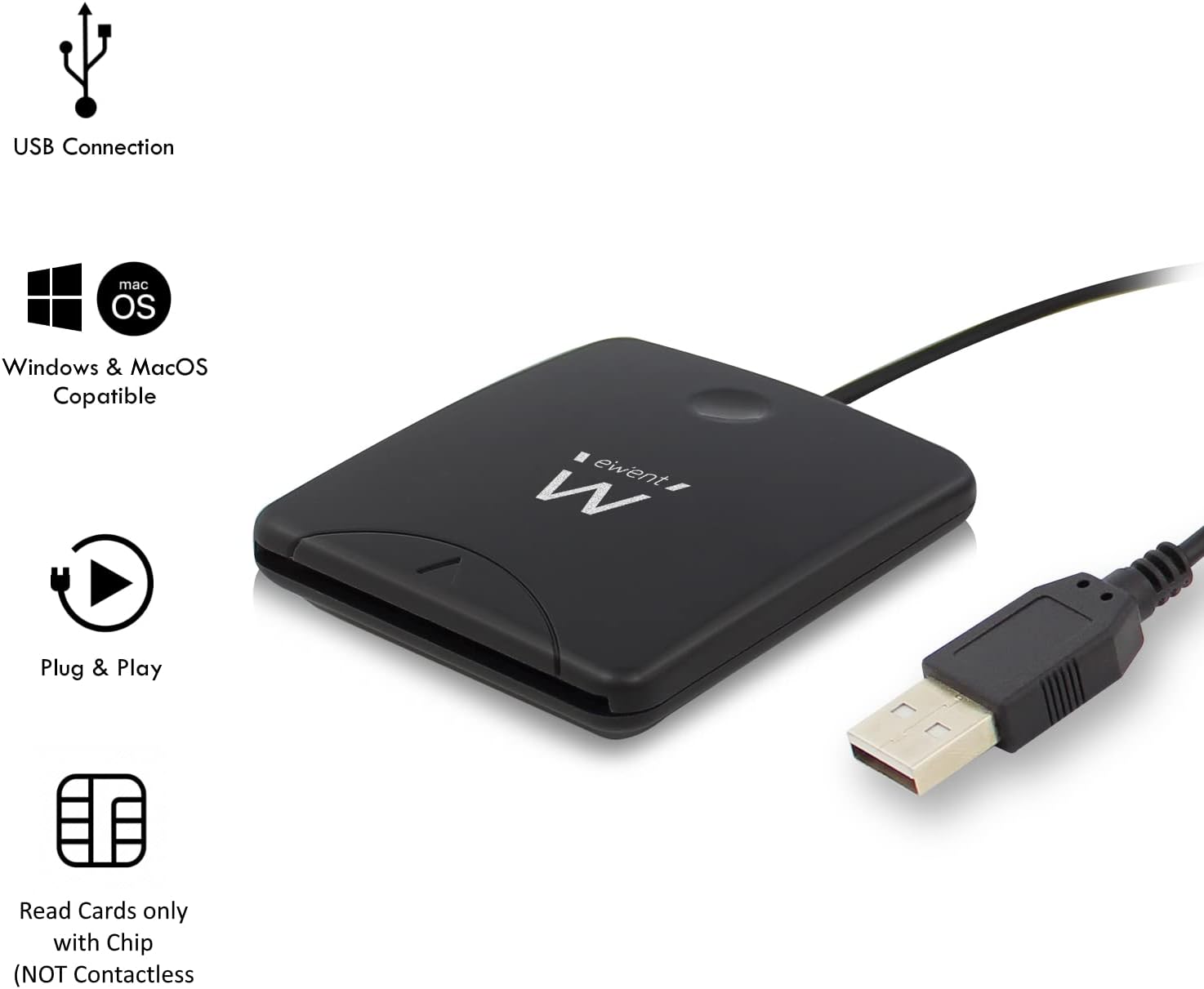 Ewent Smart Card Reader - Card and ID card reader - USB port - PC/SC and WHQL compatible, black