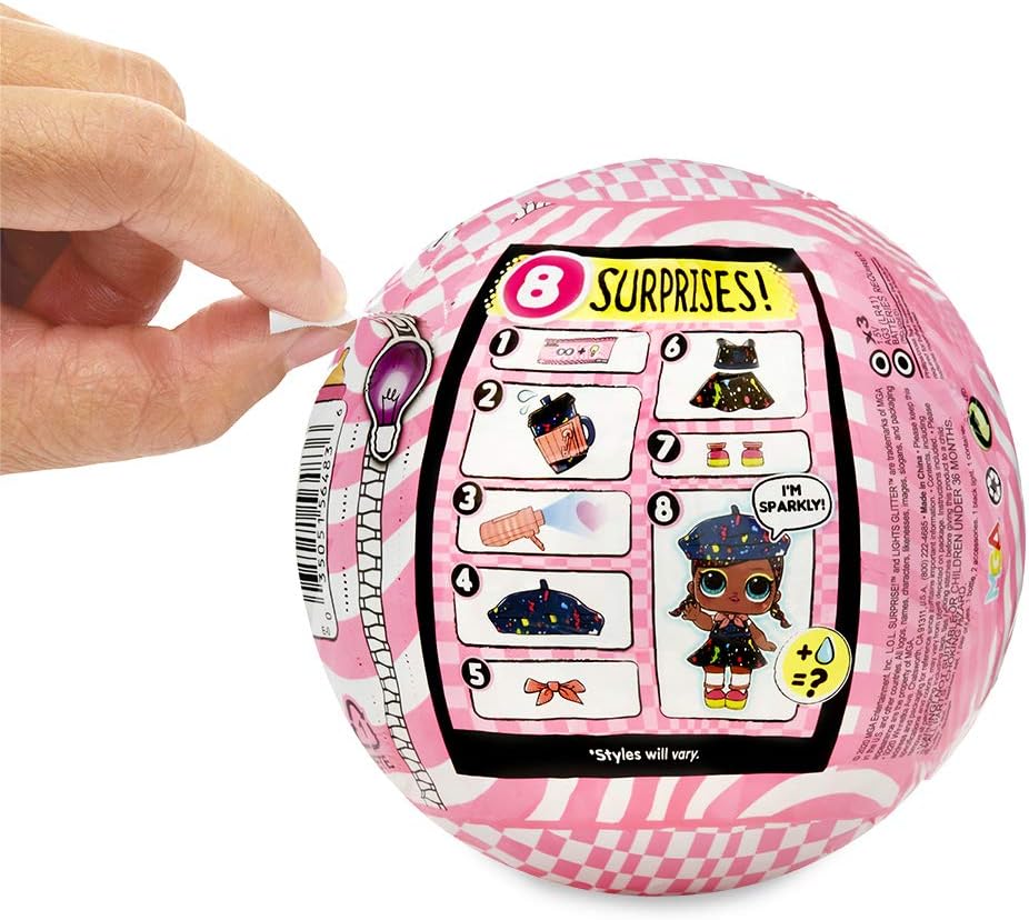 L.O.L. Surprise!-Light Glitter Ball 8 Davon 1 Puppe mit Pailletten, 8 cm, phosphoreszierend, Schwarze Lampe, zufällige Modelle, zum Sammeln inklusive Batterien, Spielzeug für Kinder ab 3 Jahren LLUB4