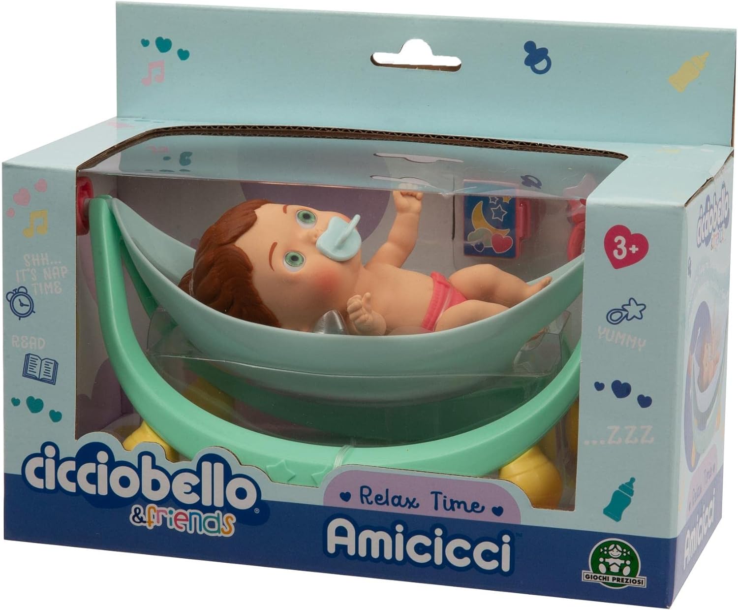 Cicciobello Amicicci, Baby mit Wiege, Relax Time, ideal für Nickerchen, 1 Amicicci Mädchen und Zubehör, Spielzeug für Kinder ab 3 Jahren, GIOCHI PREZIOSI, CC033