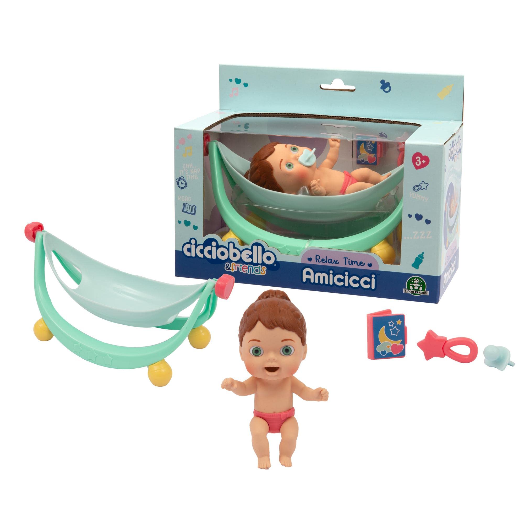 Cicciobello Amicicci, Baby mit Wiege, Relax Time, ideal für Nickerchen, 1 Amicicci Mädchen und Zubehör, Spielzeug für Kinder ab 3 Jahren, GIOCHI PREZIOSI, CC033
