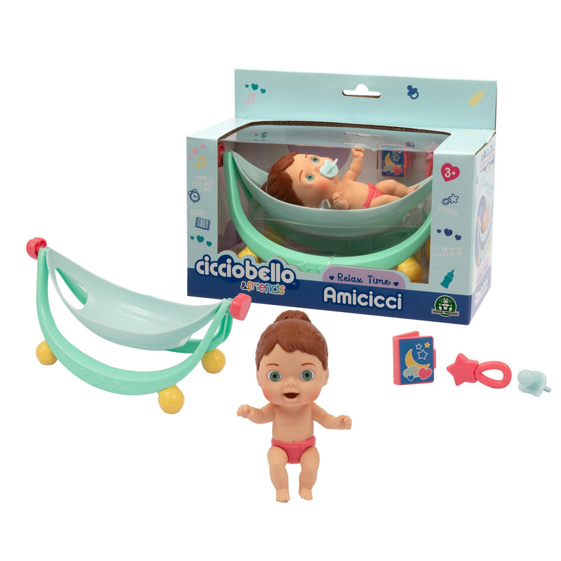 Cicciobello Amicicci, Baby mit Wiege, Relax Time, ideal für Nickerchen, 1 Amicicci Mädchen und Zubehör, Spielzeug für Kinder ab 3 Jahren, GIOCHI PREZIOSI, CC033