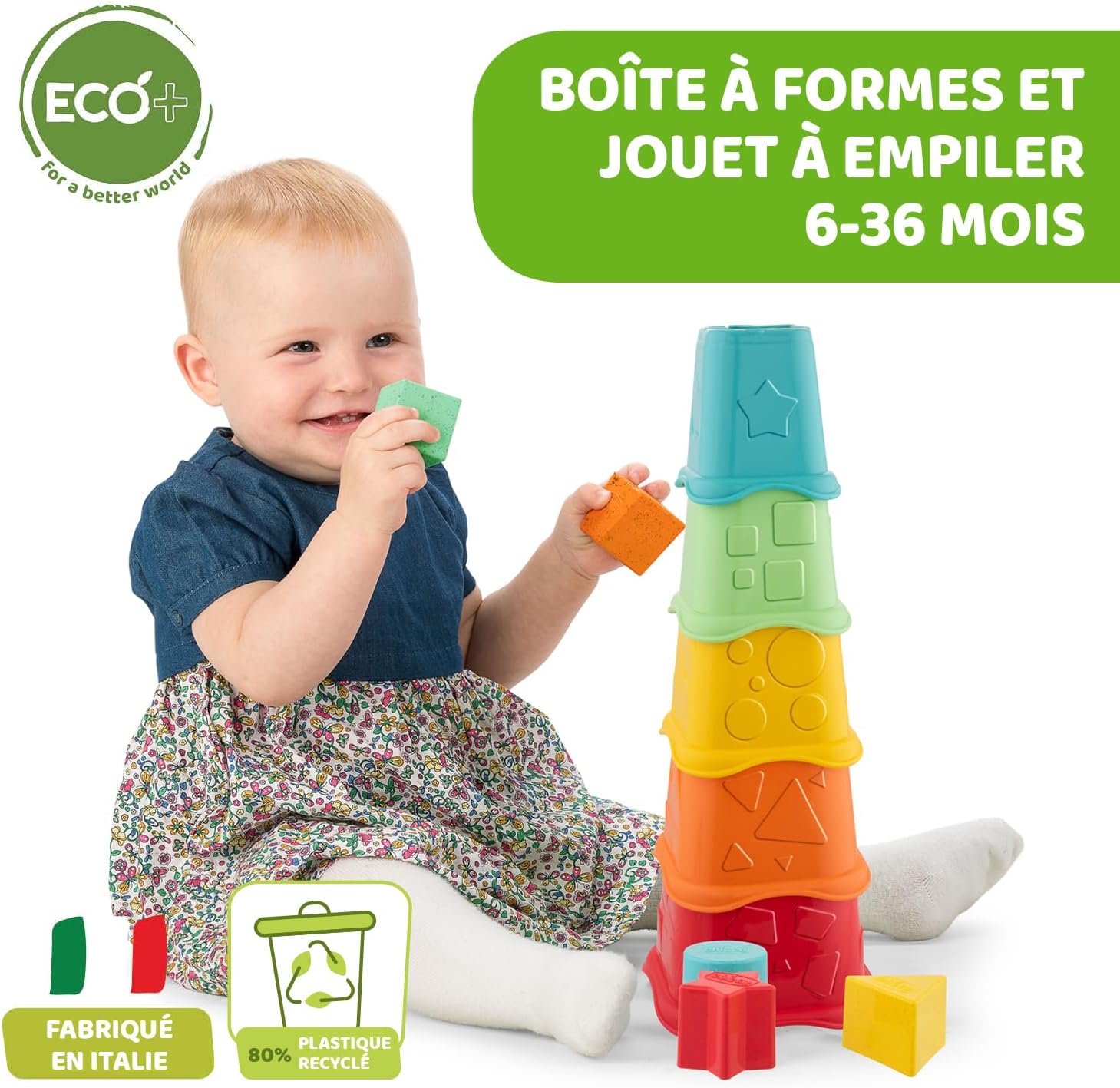 Chicco ECO+ Toy, 2-in-1 Stacking Cups | Sustainable Baby & Toddler Toy, Recycled Plastic, 6 months +
