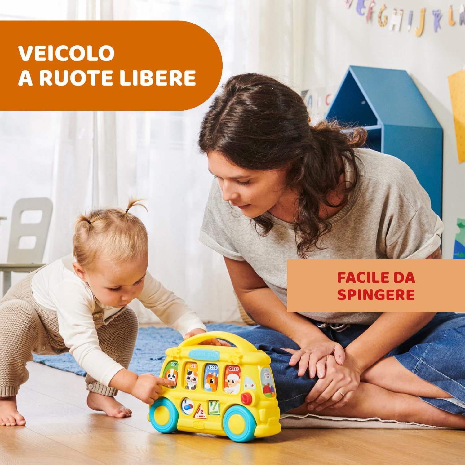 Chicco 00011297000680 ABC Talking School Bus, Cute Bilingual Interactive Toy Italian/English, Learn Animals and Nursery Rhymes, Educational Games 9-36 Months