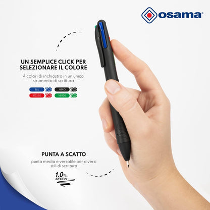 OSAMA, 4 Multi - Set of 4 Black Pens - 6 Pieces + Small Case Included - Multicolour Ballpoint Pen - 1 mm with Ink Black, Blue, Red and Green - Coloured Pens for Stationery and Stationery