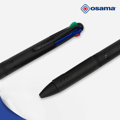 OSAMA, 4 Multi - Set of 4 Black Pens - 6 Pieces + Small Case Included - Multicolour Ballpoint Pen - 1 mm with Ink Black, Blue, Red and Green - Coloured Pens for Stationery and Stationery
