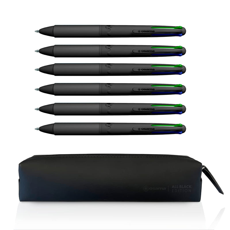 OSAMA, 4 Multi - Set of 4 Black Pens - 6 Pieces + Small Case Included - Multicolour Ballpoint Pen - 1 mm with Ink Black, Blue, Red and Green - Coloured Pens for Stationery and Stationery