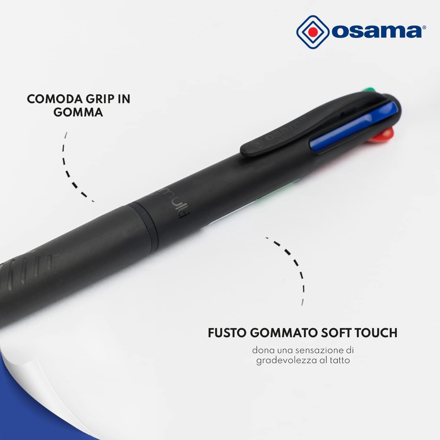 OSAMA, 4 Multi - Set of 4 Black Pens - 6 Pieces + Small Case Included - Multicolour Ballpoint Pen - 1 mm with Ink Black, Blue, Red and Green - Coloured Pens for Stationery and Stationery