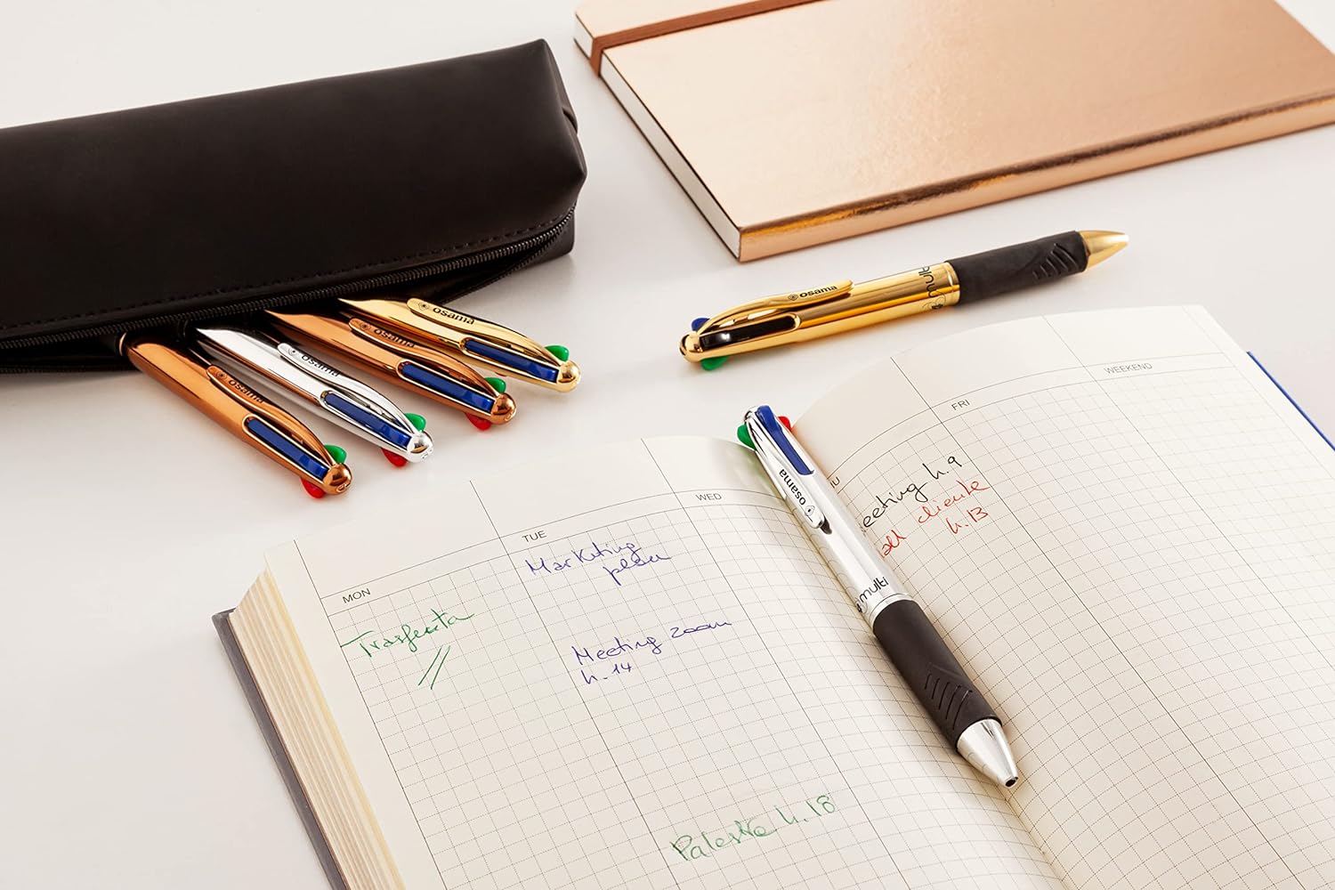 OSAMA 4 Multi - Set Retractable Ballpoint Pens 4 Colours 6 Pieces 4 Colour Ballpoint Pens 0.1mm with Black, Blue, Red and Green Ink Ideal for Writing and School Supplies, University, Office, Chrome