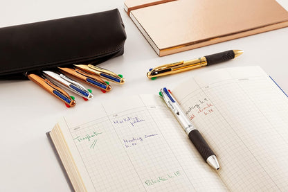 OSAMA 4 Multi - Set Retractable Ballpoint Pens 4 Colours 6 Pieces 4 Colour Ballpoint Pens 0.1mm with Black, Blue, Red and Green Ink Ideal for Writing and School Supplies, University, Office, Chrome