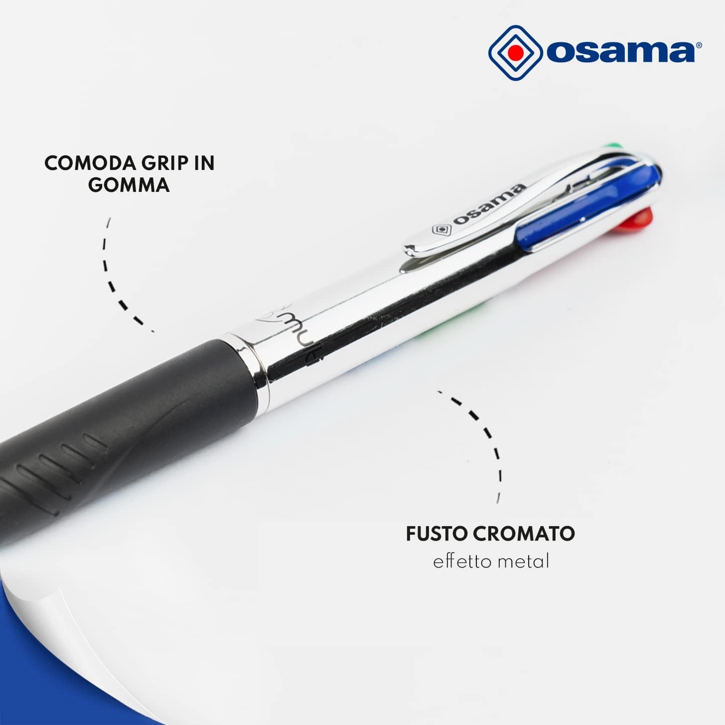 OSAMA 4 Multi - Set Retractable Ballpoint Pens 4 Colours 6 Pieces 4 Colour Ballpoint Pens 0.1mm with Black, Blue, Red and Green Ink Ideal for Writing and School Supplies, University, Office, Chrome