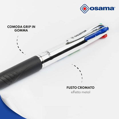 OSAMA 4 Multi - Set Retractable Ballpoint Pens 4 Colours 6 Pieces 4 Colour Ballpoint Pens 0.1mm with Black, Blue, Red and Green Ink Ideal for Writing and School Supplies, University, Office, Chrome
