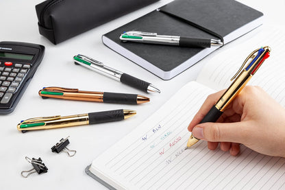 OSAMA 4 Multi - Set Retractable Ballpoint Pens 4 Colours 6 Pieces 4 Colour Ballpoint Pens 0.1mm with Black, Blue, Red and Green Ink Ideal for Writing and School Supplies, University, Office, Chrome