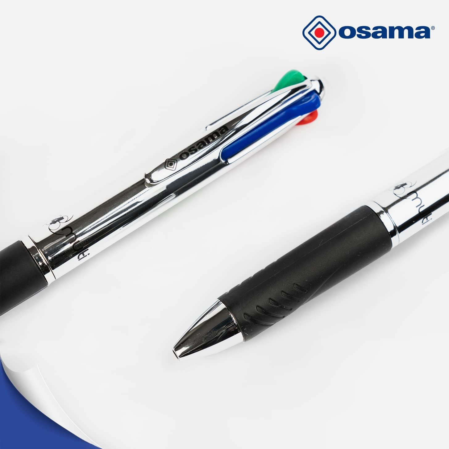 OSAMA 4 Multi - Set Retractable Ballpoint Pens 4 Colours 6 Pieces 4 Colour Ballpoint Pens 0.1mm with Black, Blue, Red and Green Ink Ideal for Writing and School Supplies, University, Office, Chrome