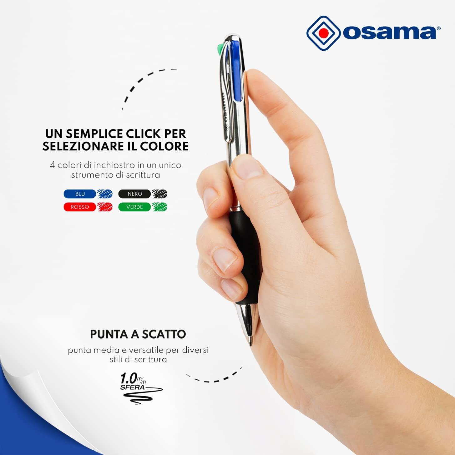 OSAMA 4 Multi - Set Retractable Ballpoint Pens 4 Colours 6 Pieces 4 Colour Ballpoint Pens 0.1mm with Black, Blue, Red and Green Ink Ideal for Writing and School Supplies, University, Office, Chrome