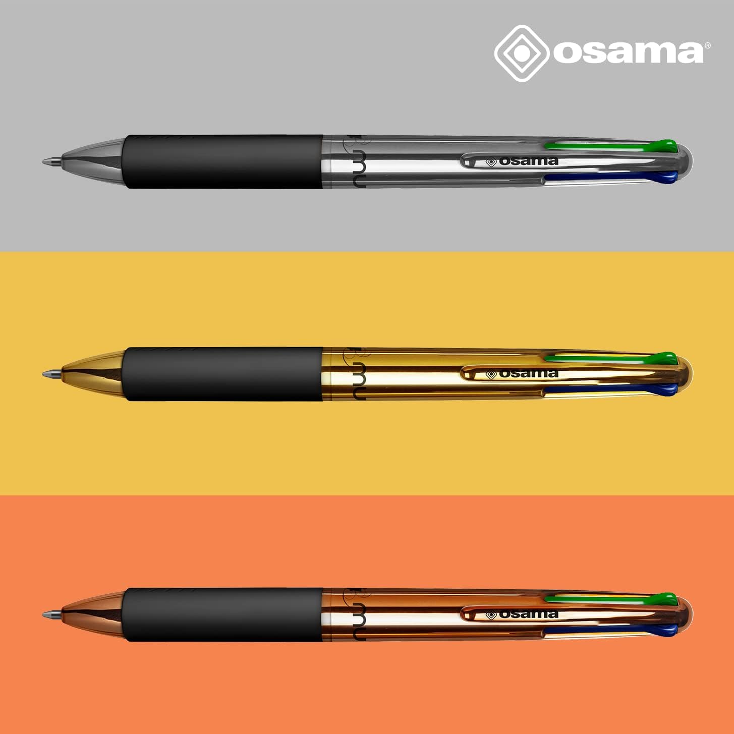 OSAMA 4 Multi - Set Retractable Ballpoint Pens 4 Colours 6 Pieces 4 Colour Ballpoint Pens 0.1mm with Black, Blue, Red and Green Ink Ideal for Writing and School Supplies, University, Office, Chrome