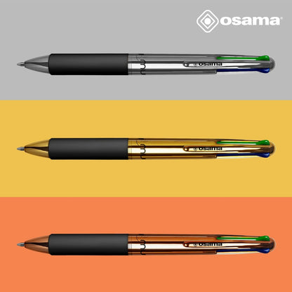 OSAMA 4 Multi - Set Retractable Ballpoint Pens 4 Colours 6 Pieces 4 Colour Ballpoint Pens 0.1mm with Black, Blue, Red and Green Ink Ideal for Writing and School Supplies, University, Office, Chrome