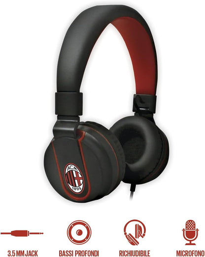 AC Milan, IP952 Cuffie Stereo con Filo (lunghezza 1,5 metro), Leggere per Ottimo Comfort Collegamento/Connettività Cavo AUX 3.5mm (per PC, Notebook, Tablet e Smartphone