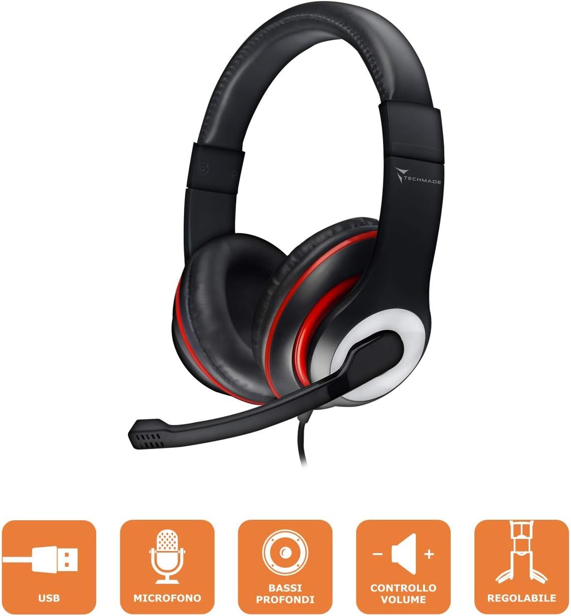 Techmade HEADPHONES WITH USB HOLDER BLACK COLOR