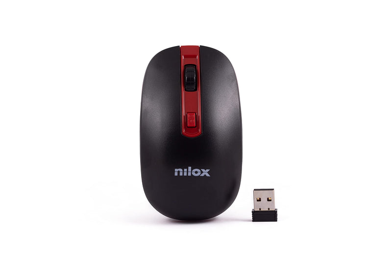 Nilox, Mouse Wireless, Tracking Ottico 1600 Dpi con 4 Pulsanti, con Sistema di Ibernazione Automatica per il Risparmio Energetico, Compatibile con Windows, Mac e Linux, Nero e Rosso