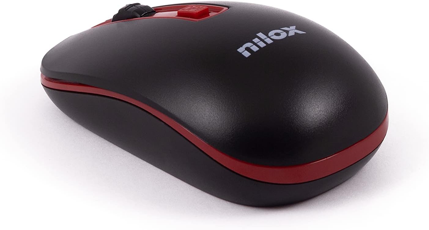 Nilox, Mouse Wireless, Tracking Ottico 1600 Dpi con 4 Pulsanti, con Sistema di Ibernazione Automatica per il Risparmio Energetico, Compatibile con Windows, Mac e Linux, Nero e Rosso