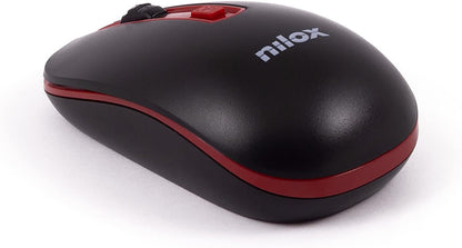 Nilox, Mouse Wireless, Tracking Ottico 1600 Dpi con 4 Pulsanti, con Sistema di Ibernazione Automatica per il Risparmio Energetico, Compatibile con Windows, Mac e Linux, Nero e Rosso