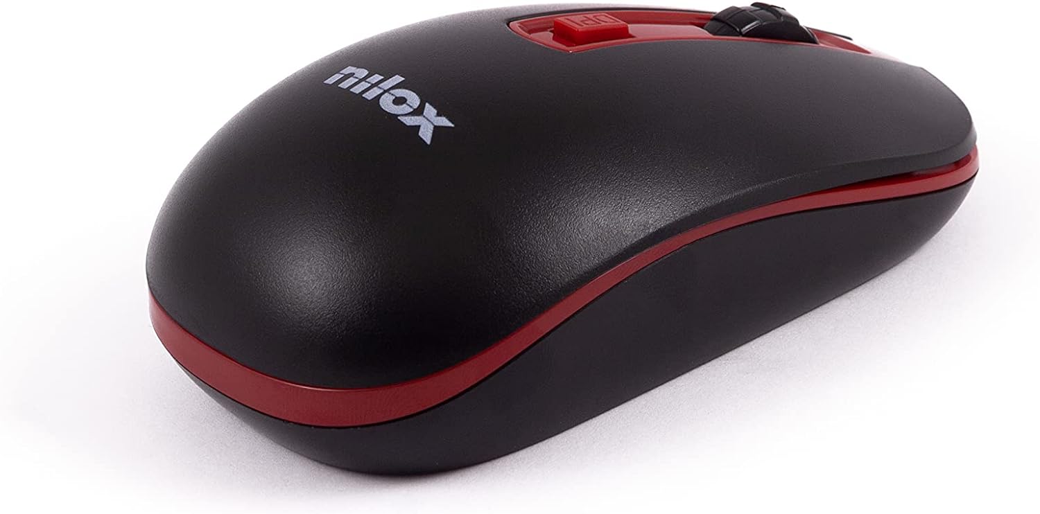 Nilox, Mouse Wireless, Tracking Ottico 1600 Dpi con 4 Pulsanti, con Sistema di Ibernazione Automatica per il Risparmio Energetico, Compatibile con Windows, Mac e Linux, Nero e Rosso