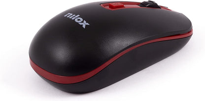 Nilox, Mouse Wireless, Tracking Ottico 1600 Dpi con 4 Pulsanti, con Sistema di Ibernazione Automatica per il Risparmio Energetico, Compatibile con Windows, Mac e Linux, Nero e Rosso