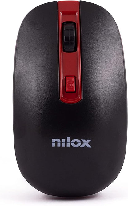 Nilox, Mouse Wireless, Tracking Ottico 1600 Dpi con 4 Pulsanti, con Sistema di Ibernazione Automatica per il Risparmio Energetico, Compatibile con Windows, Mac e Linux, Nero e Rosso