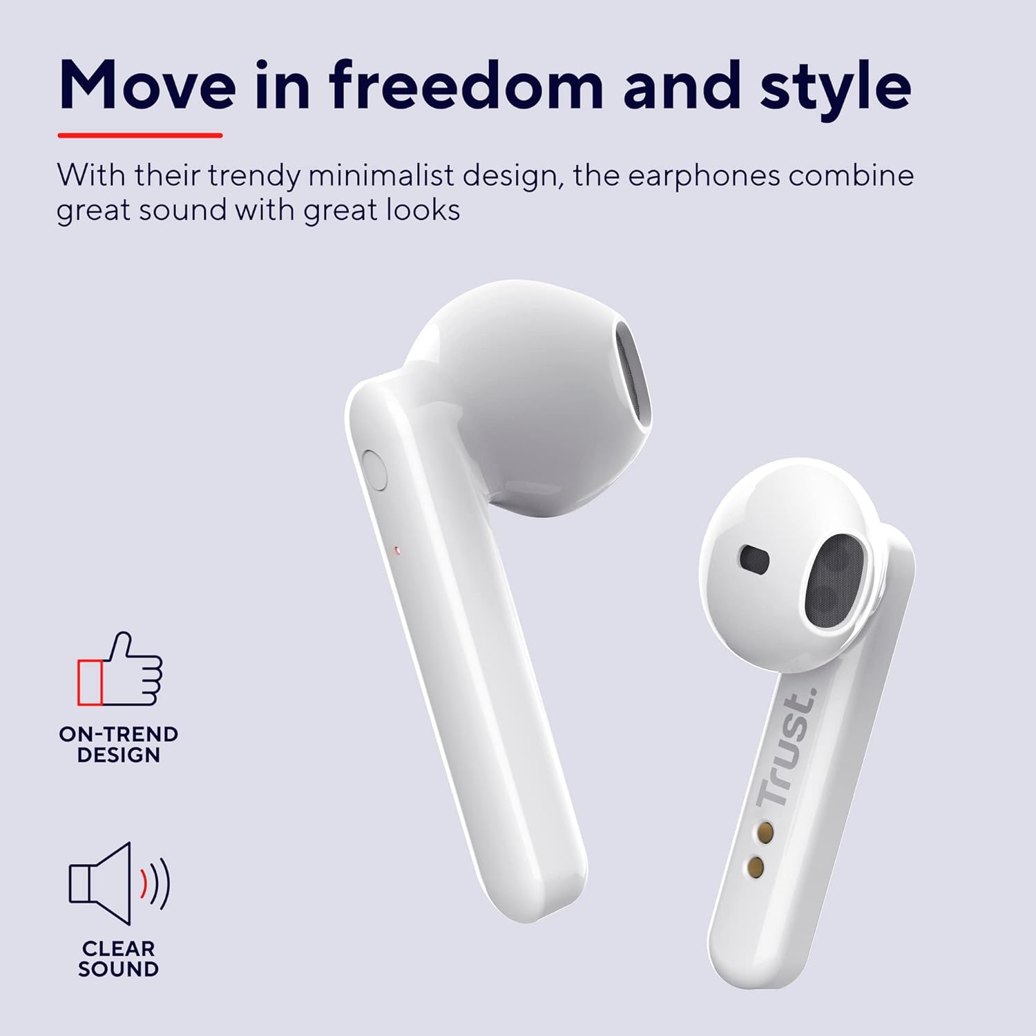 Trust Mobile Primo Touch Bluetooth Wireless Earphones, In Ear Headphones, On-trend Design, Up to 10 Hours Playtime, Built-in Microphone, TWS , Earbuds for Android, Chrome OS, iOS, Windows, White