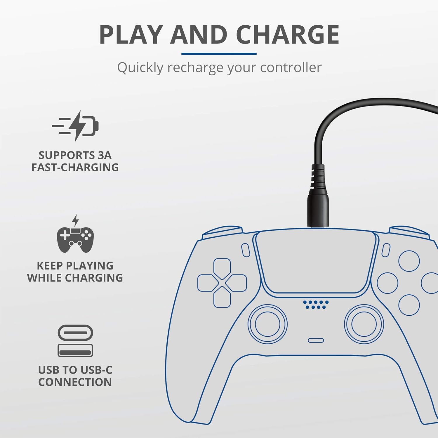 Trust WiFi Gaming Play and Charge Cable 3m for PS5 GXT 226, Long Charging Cable for PlayStation 5 Controller/DualSense, Black