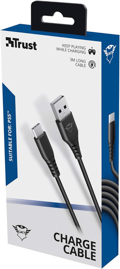 Trust WiFi Gaming Play and Charge Cable 3m for PS5 GXT 226, Long Charging Cable for PlayStation 5 Controller/DualSense, Black