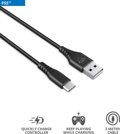 Trust WiFi Gaming Play and Charge Cable 3m for PS5 GXT 226, Long Charging Cable for PlayStation 5 Controller/DualSense, Black