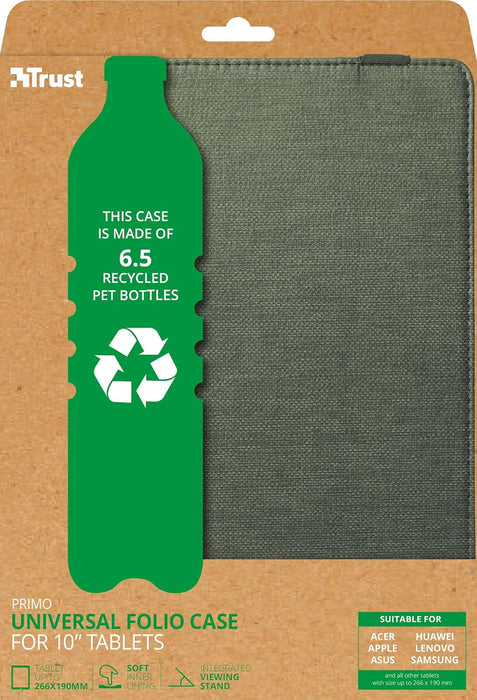 Trust Mobile Primo Recycled Tablet Folio for 10 inch Tablet, Tablet Cover Made of 6.5 Recycled PET Bottles, Universal Protective Cover with Stand, Folding Case with Closing Strap