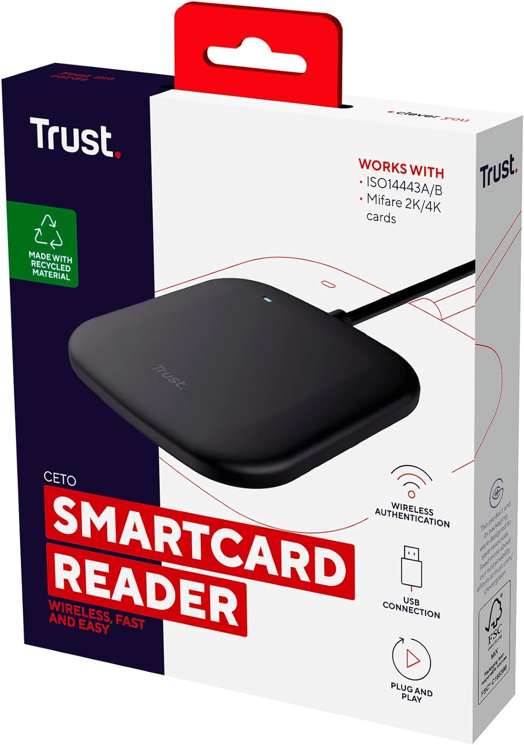 Trust Ceto Contactless Smart Card Reader, NFC Enabled USB Smartcard Reader ISO 14443 Type A, Type B, Mifare 1k&4k Cards, ICAO 9303 Compatible, Made with 85% Recycled Materials, Easy Authentication