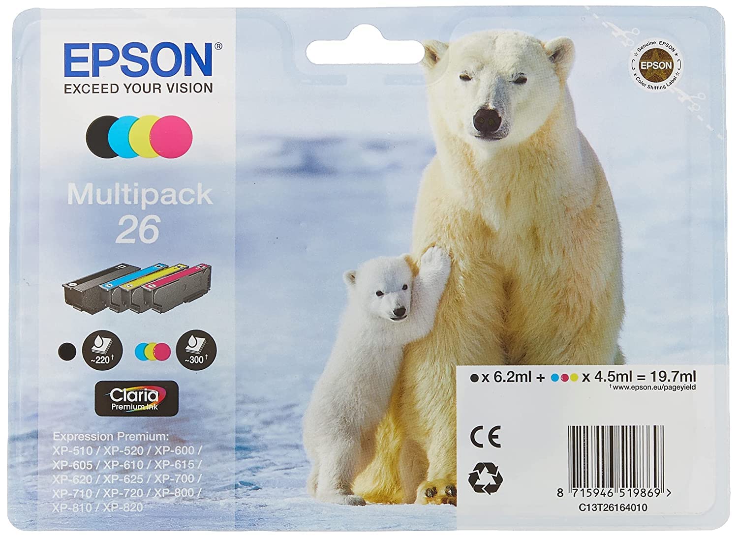 Epson 26 Series Polar Bear Multipack Ink Cartridge with RF/Acoustic Alarm