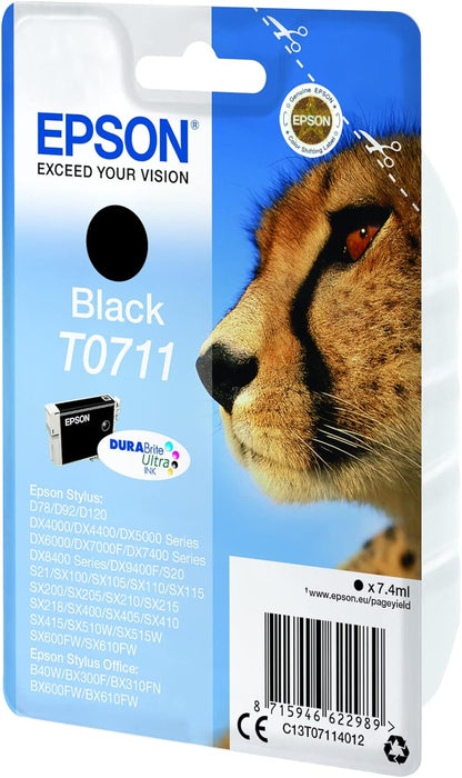 Epson T0711 Guépard Noir, Cartouche d'encre d'origine, D78 D120 DX4000 DX5000 DX6000 DX7400 DX8400 & T0712 Guépard Cyan, Cartouche d'encre d'origine, D78 D120 DX4000 DX5000 DX6000 DX7400