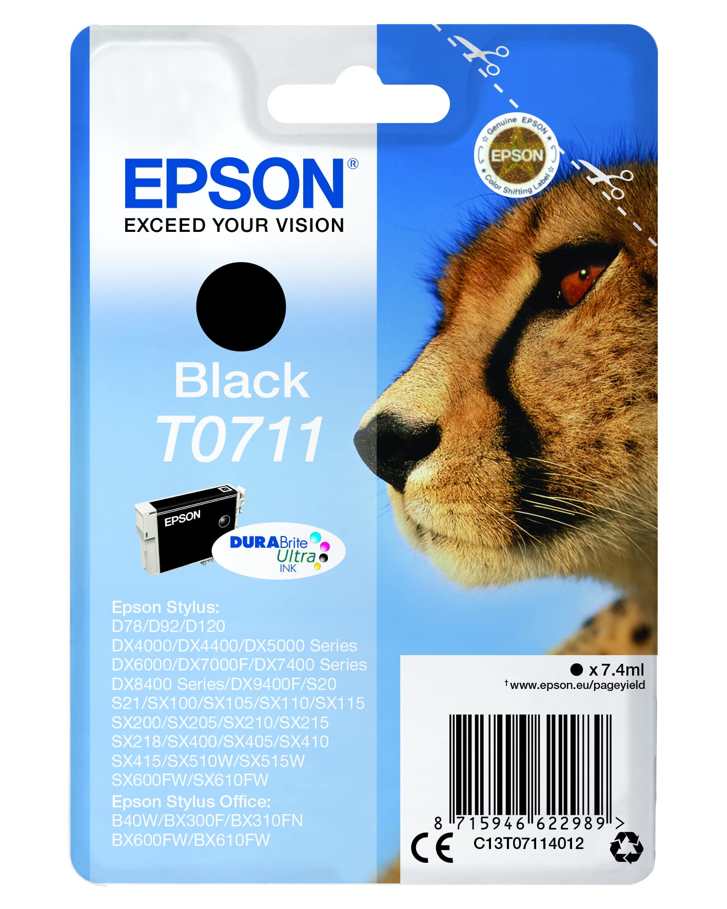Epson T0711 Guépard Noir, Cartouche d'encre d'origine, D78 D120 DX4000 DX5000 DX6000 DX7400 DX8400 & T0712 Guépard Cyan, Cartouche d'encre d'origine, D78 D120 DX4000 DX5000 DX6000 DX7400