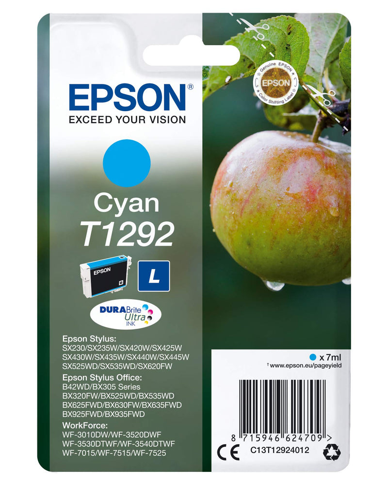 Epson T1292 Pomme Cyan, Cartouche d'encre d'origine, WF-3010DW WF-3520DWF WF-3530DTWF WF-3540DTWF WF-7015 WF-7515 WF-7525 BX305F BX310FN BX320FW BX525WD BX535WD BX625FWD BX635FWD BX925FWD BX935FWD